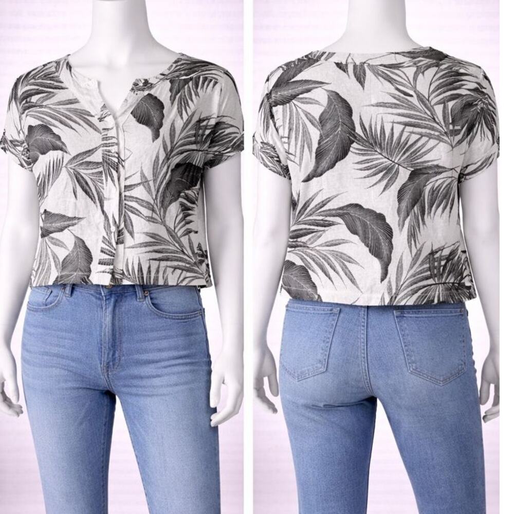 Tahari 100% Linen Palm Leaf Crop Top Womens Large Black White Summer shirt